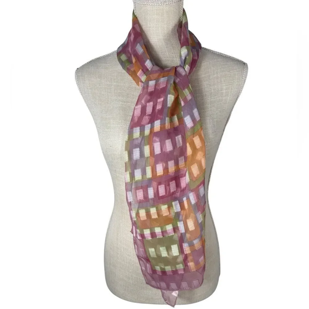 Boutique Women’s Pink Multi Color Shimmer Geometric Print Sheer Silk Blend Scarf